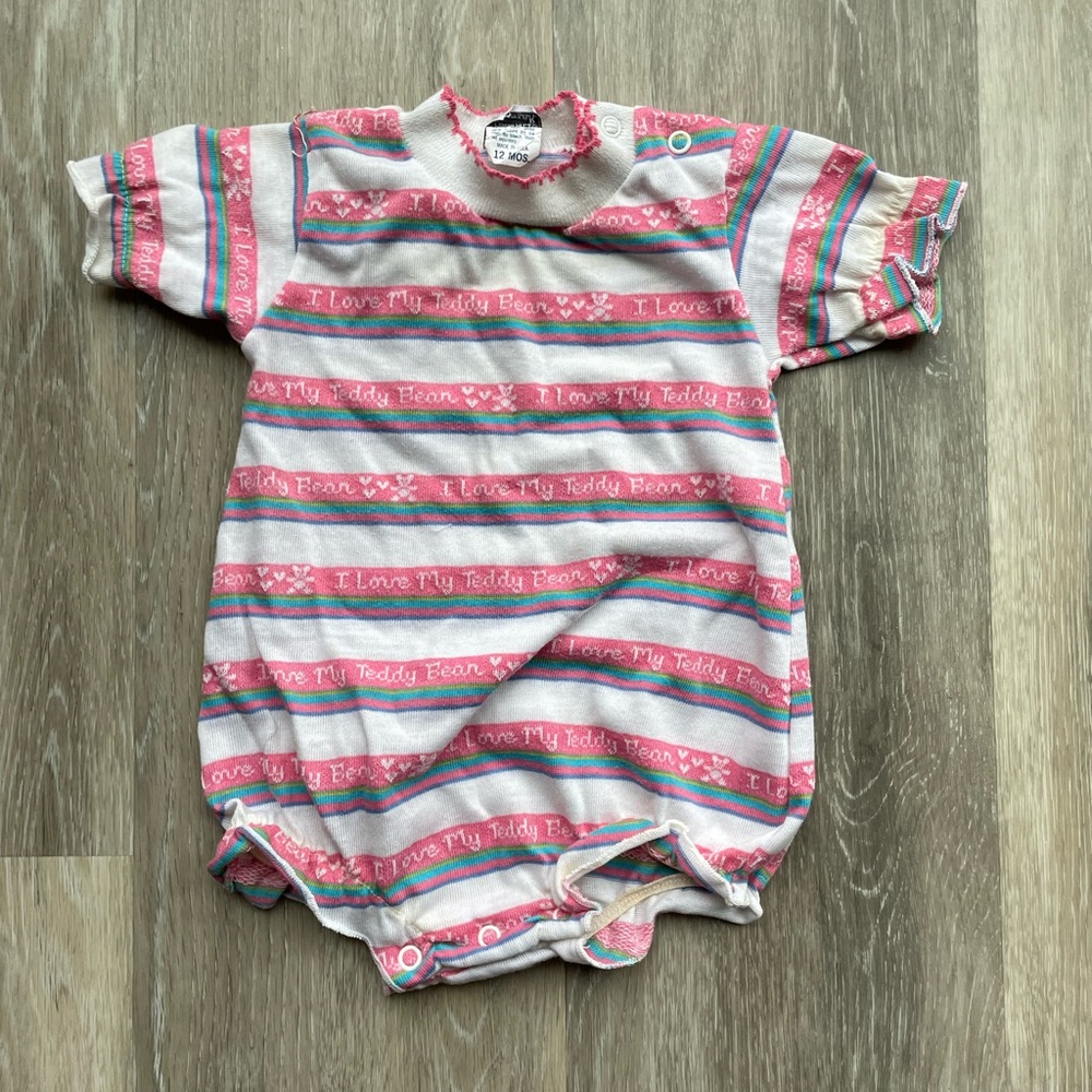 Vintage Baby onesie Teddy Bear Pink Stripe 12 month